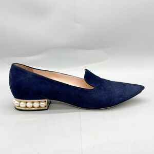 Nicholas Kirkwood Womens 38.5 8.5 Navy Suede Pearl Embellished Loafers Heels